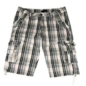Fried Denim Mens Plaid Cargo Shorts Blue Grey White Cotton 34 Utility G-Unit